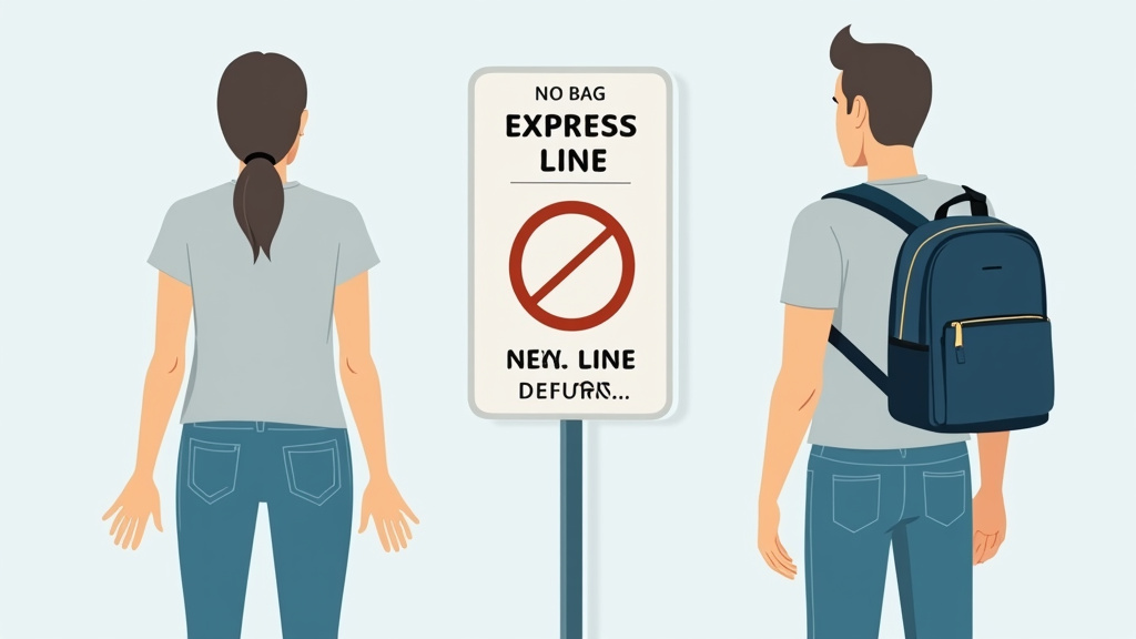 Person using the no bag express line at Madison Square Garden, backpack in regular line.