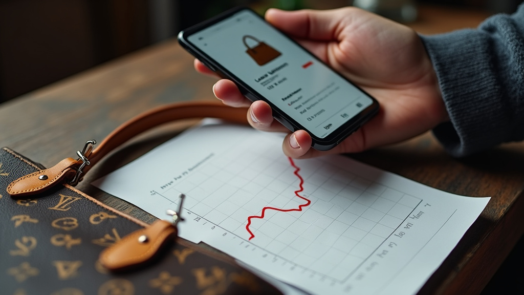 Louis Vuitton bag price increase chart next to a smartphone showing retail cost