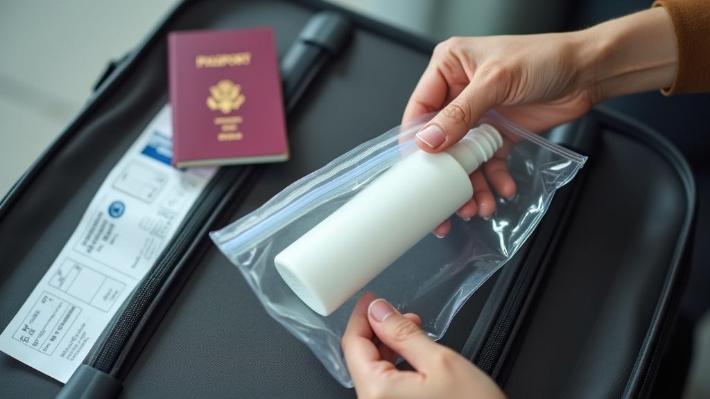 Hands packing liquids into a quart bag on top of largest compliant carry-on luggage.