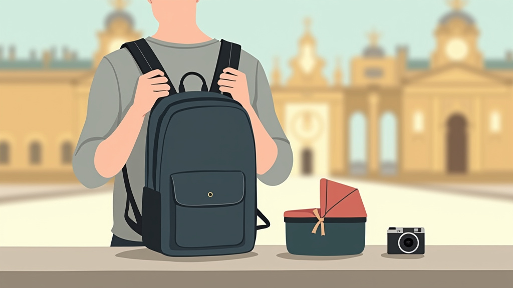 Backpack, baby carrier, and camera prepared for a visit to the Palace of Versailles.