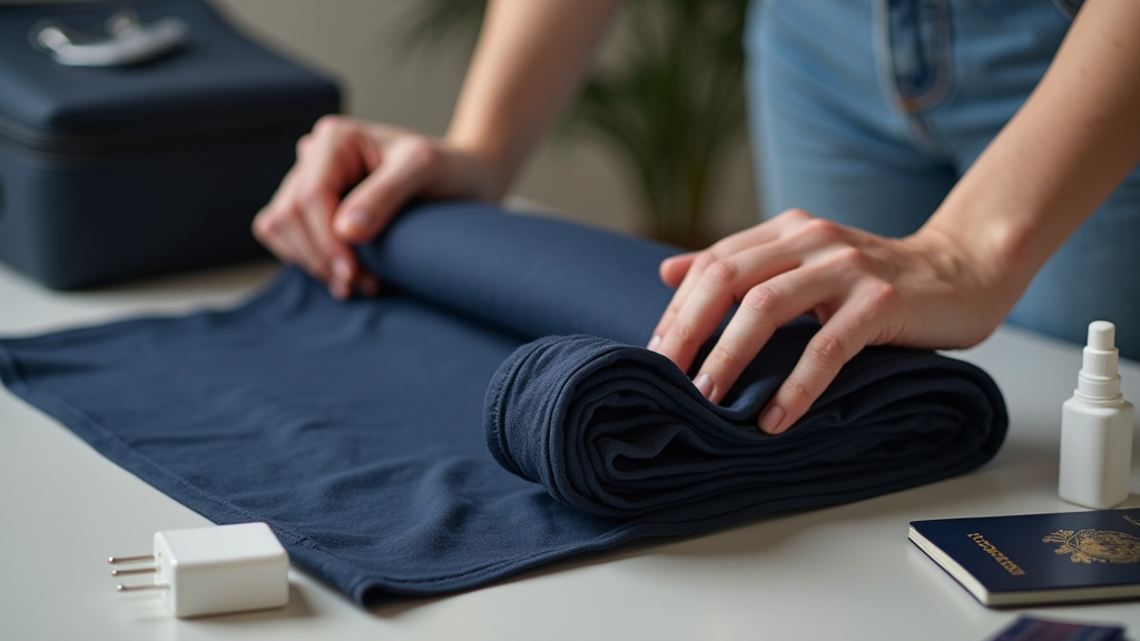 Hands rolling clothes for carry-on luggage packing with accessories nearby