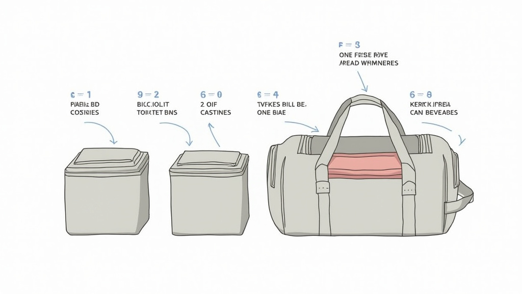 Diagram of packing cubes organizing the interior of a duffel bag.