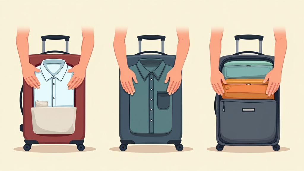Packing techniques for business, adventure, and family travel suitcases.