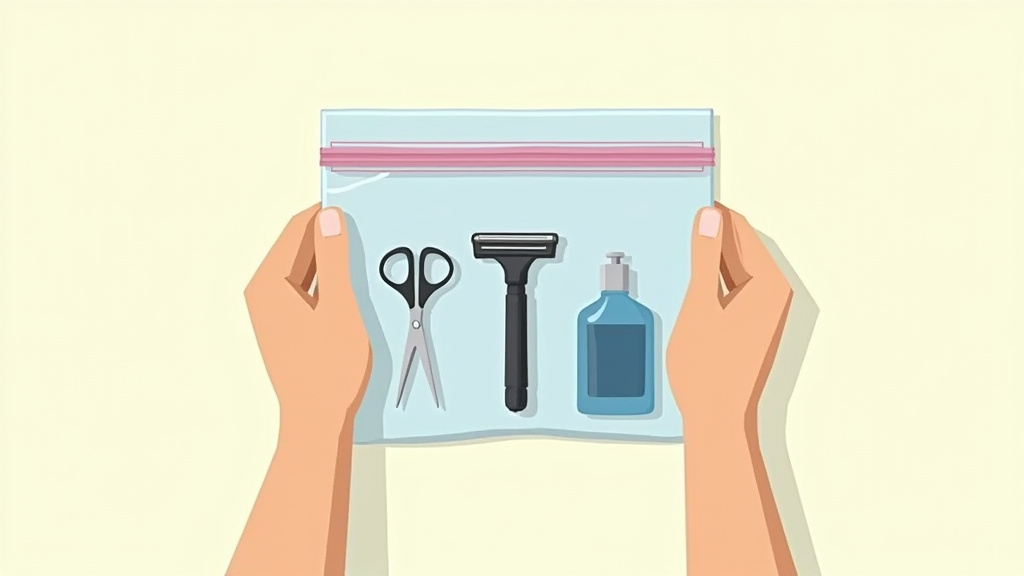 Safety razor and other allowed sharp objects and liquids in a TSA-compliant bag.