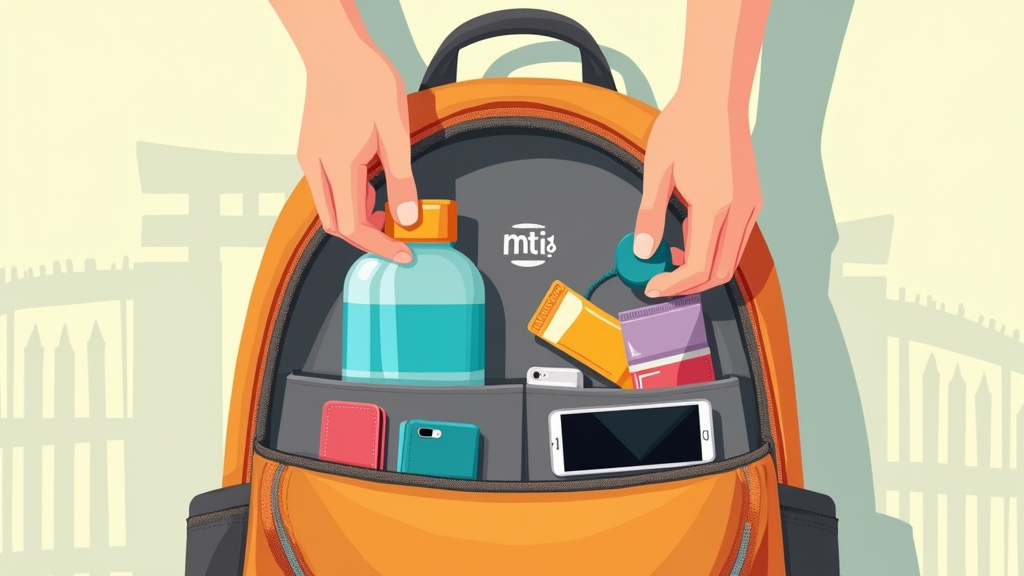 Organized backpack with water, sunscreen, wallet, and phone for festival security check.