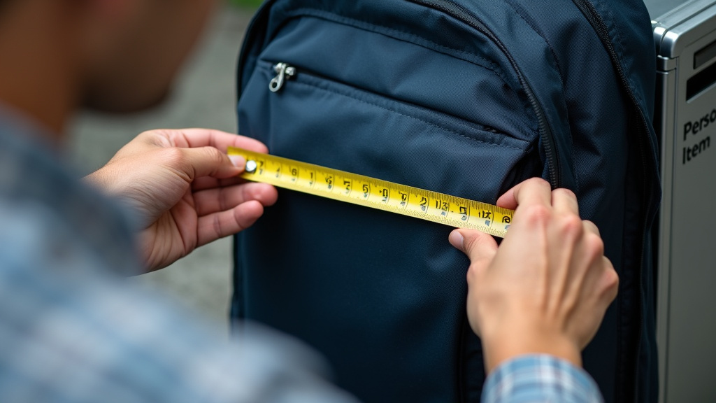 Measuring a backpack against a personal item sizer box with tape measure.