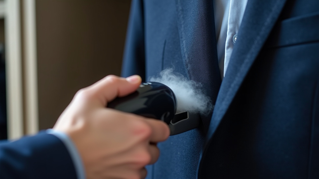 Using a garment steamer to remove wrinkles from a packed sports coat.