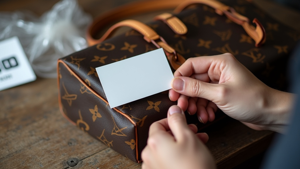 Fake Louis Vuitton red flags: authenticity card, plastic wrap, and low price tag.
