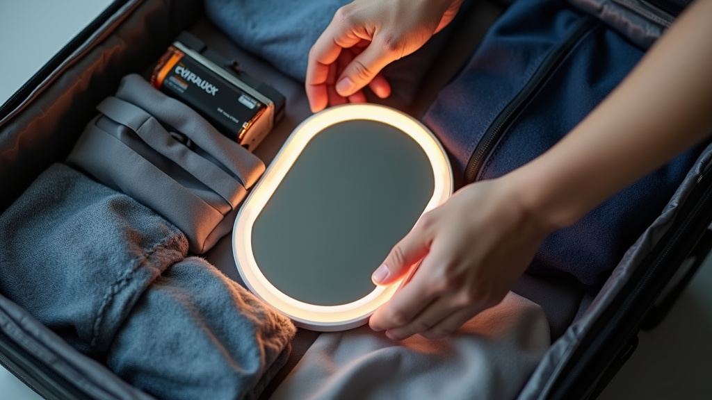 Small lighted mirror and its battery packed in a hand luggage suitcase.