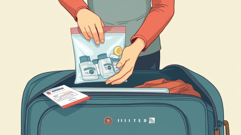 United Airlines carry-on with TSA 3-1-1 liquids bag and special items.
