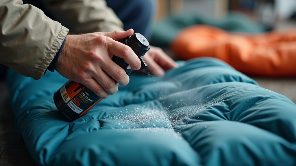 Close-up of refreshing DWR coating on a sleeping bag with spray-on treatment.
