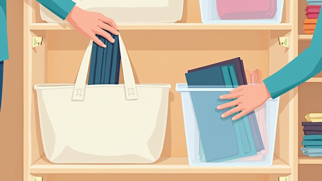 Cartoon illustration of storing folded tote bags upright in a storage bin on a shelf.