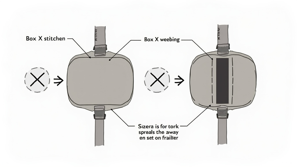 Diagram of a box-X stitch reinforcing a duffel bag strap attachment