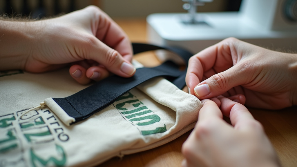 Comparing nylon webbing and DIY feed bag straps on an upcycled tote.