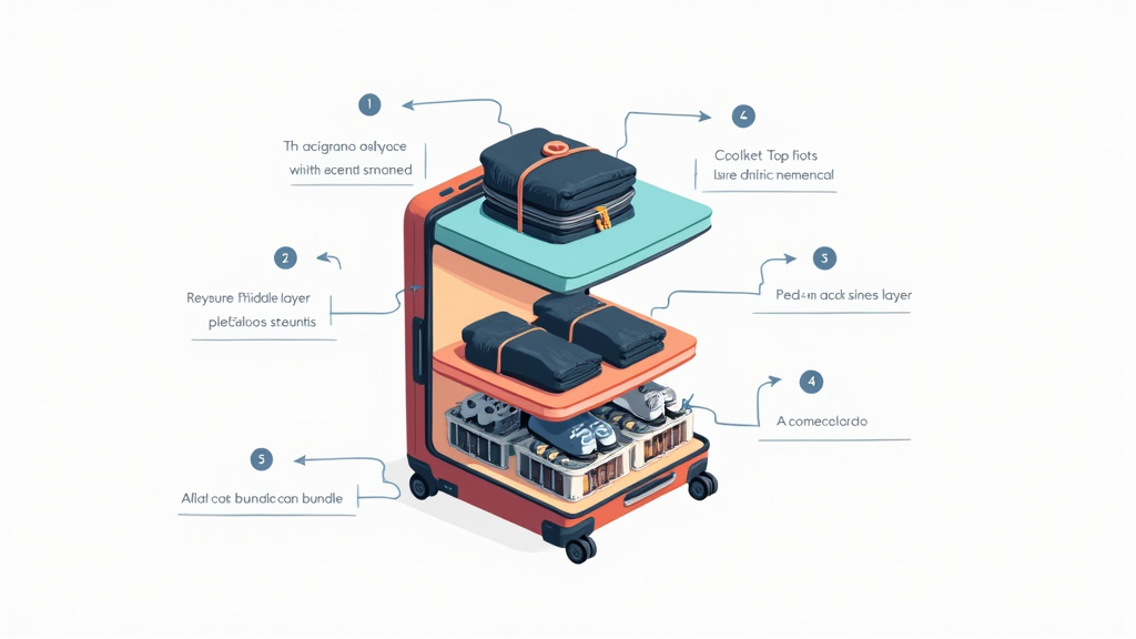 Cross-section diagram of suitcase layering method for packing a sports coat.