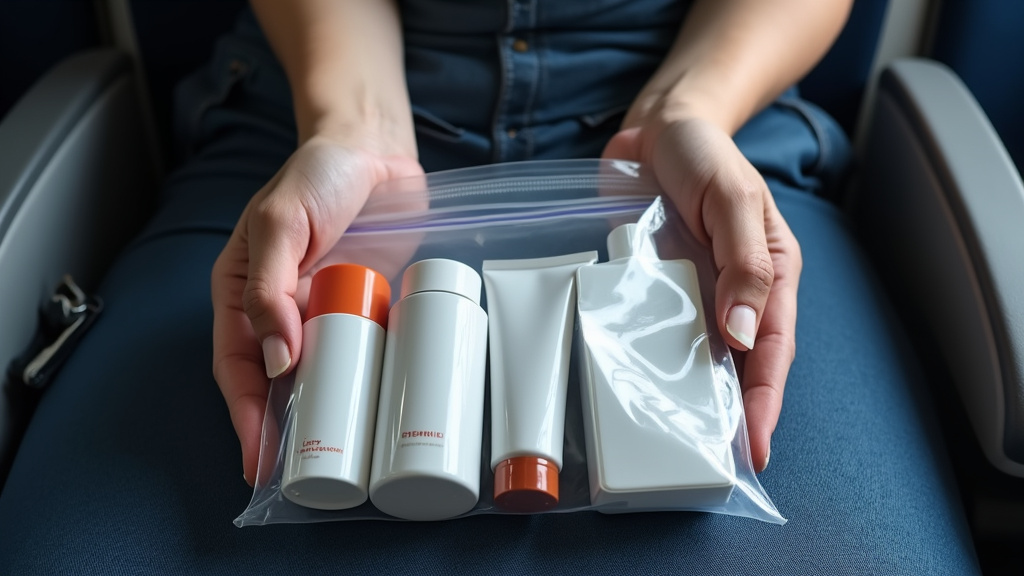 traveler holding compliant liquids bag and power bank for carry-on luggage