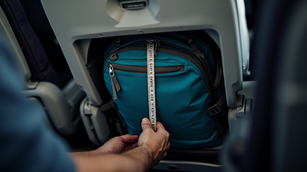 26L backpack being tested for airline personal item size under an airplane seat.