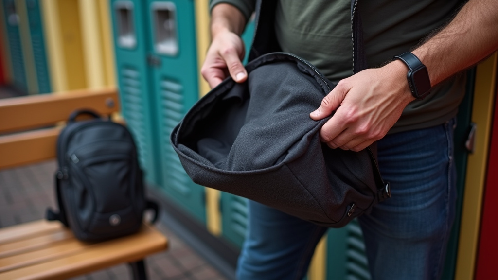 Soft backpack fitting into a Universal Studios Hollywood locker, rigid pack rejected.
