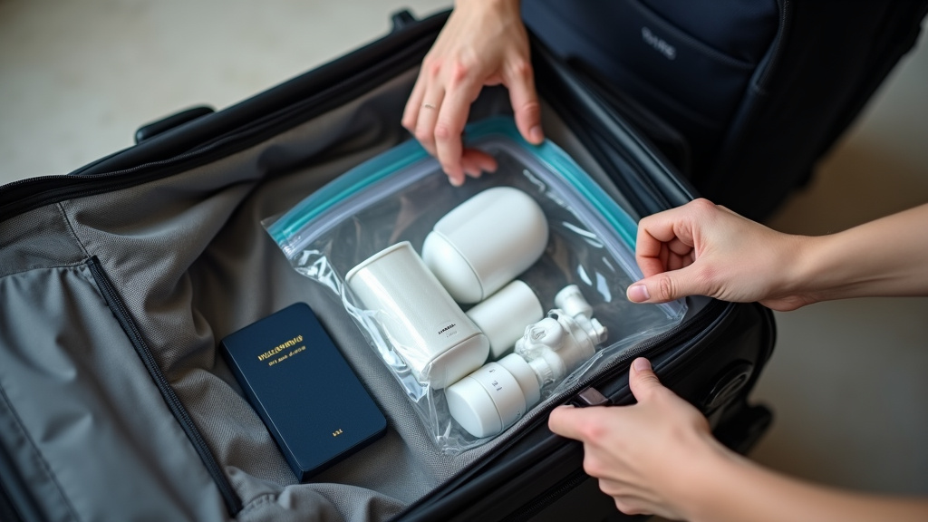 Hands packing carry-on with TSA liquids bag, power bank, and passport.