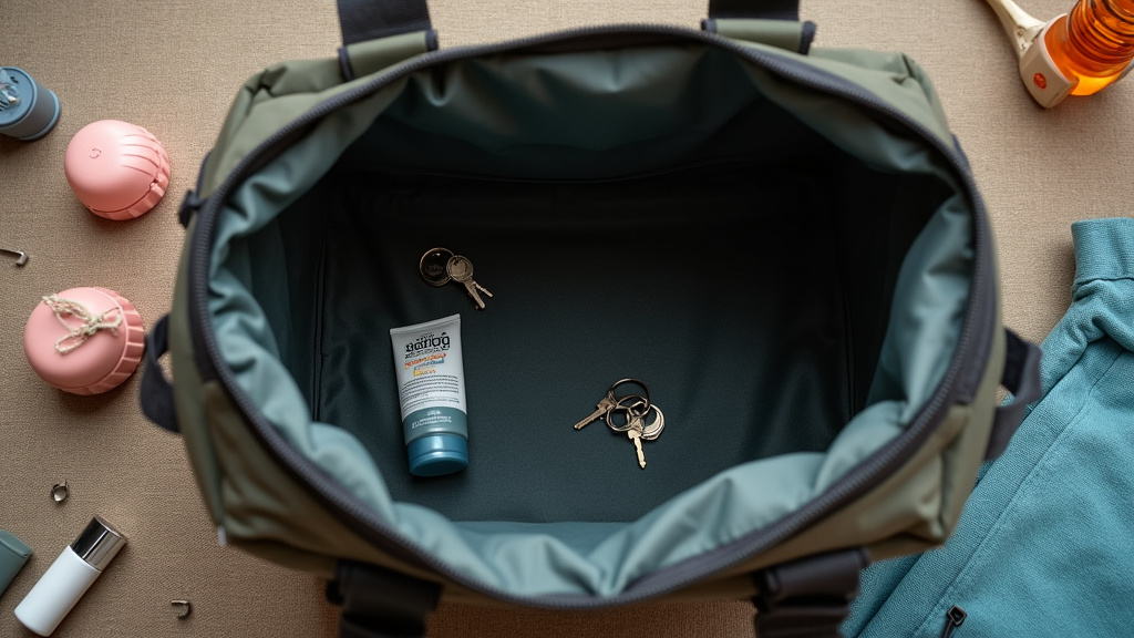 Bogg Bag interior with disorganized items and essential organizational accessories laid out.
