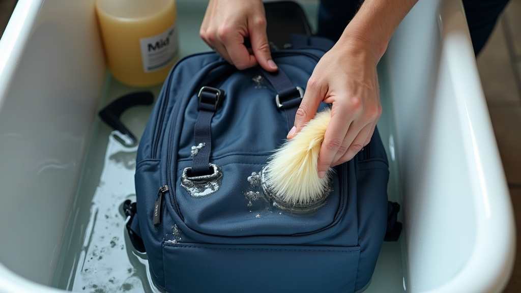 Close-up of hand washing a dirty backpack with a soft brush in a tub.