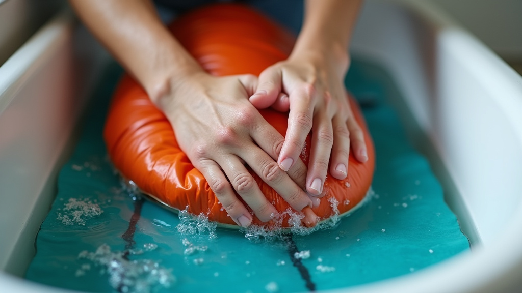 Person hand washing a sleeping bag in a bathtub by gently pressing it underwater.