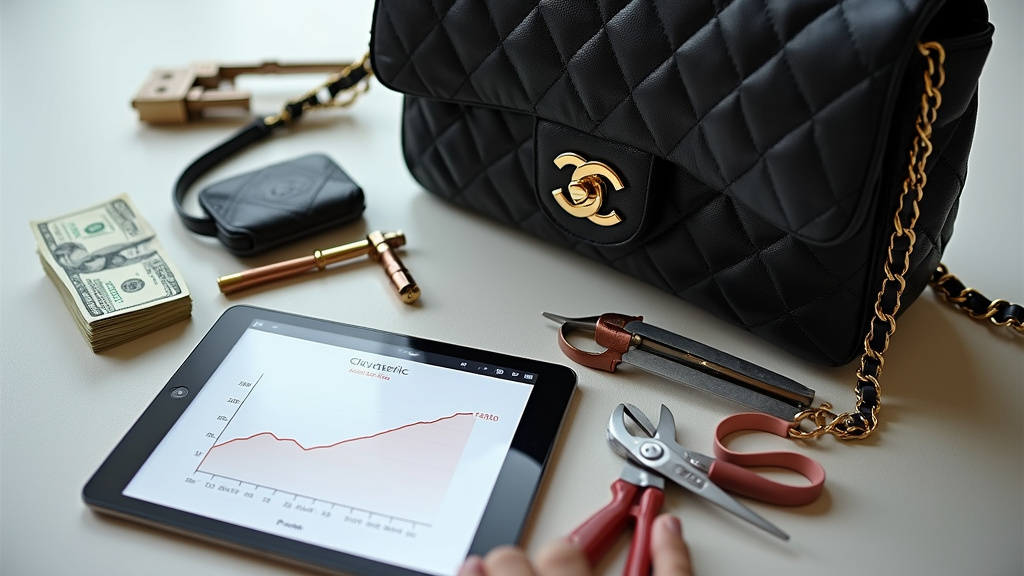 Chanel Classic Flap bag next to cash and a resale value graph on a tablet.