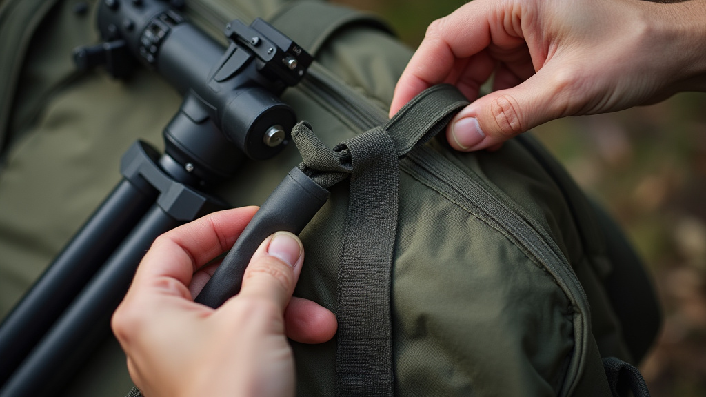 Close-up of a duffel bag's external lash point strained by a heavy tripod.