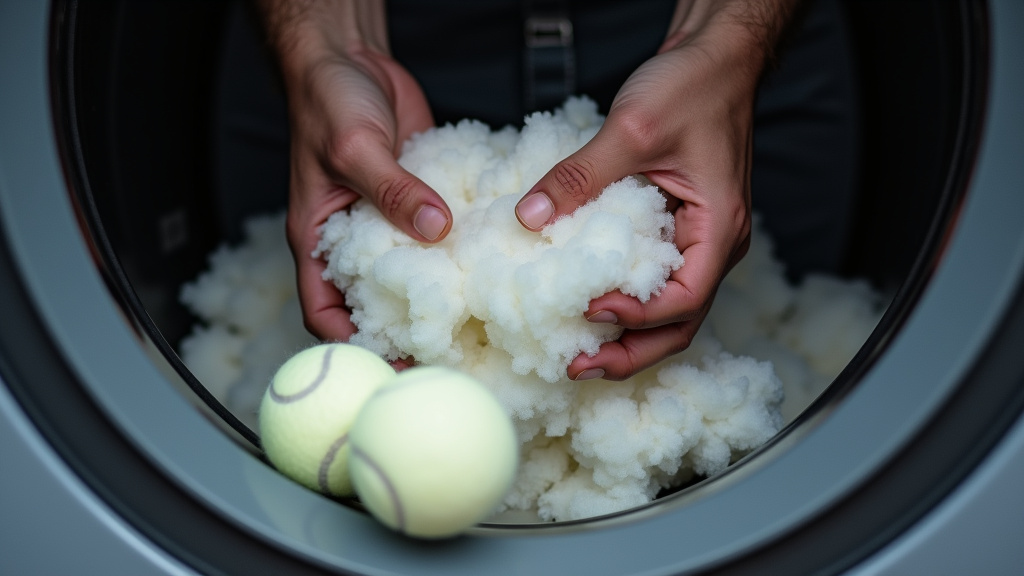 Hands breaking up clumped down insulation inside a dryer during sleeping bag drying.