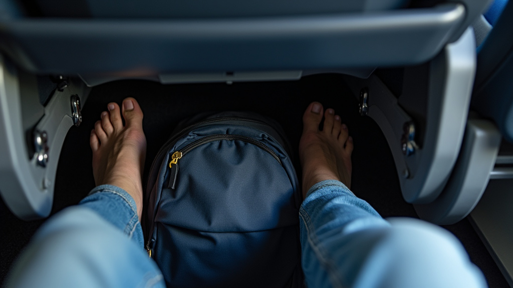 Overstuffed personal item backpack wedged under an airplane seat next to carry-on luggage.