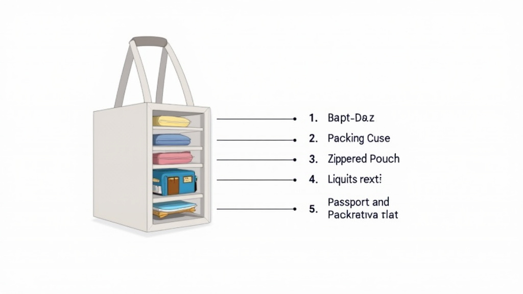Diagram of layered packing method for a tote bag and carry-on luggage