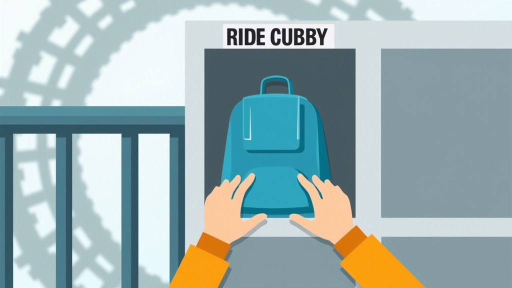 Cartoon of hands storing a backpack in a Dollywood ride cubby for safety.