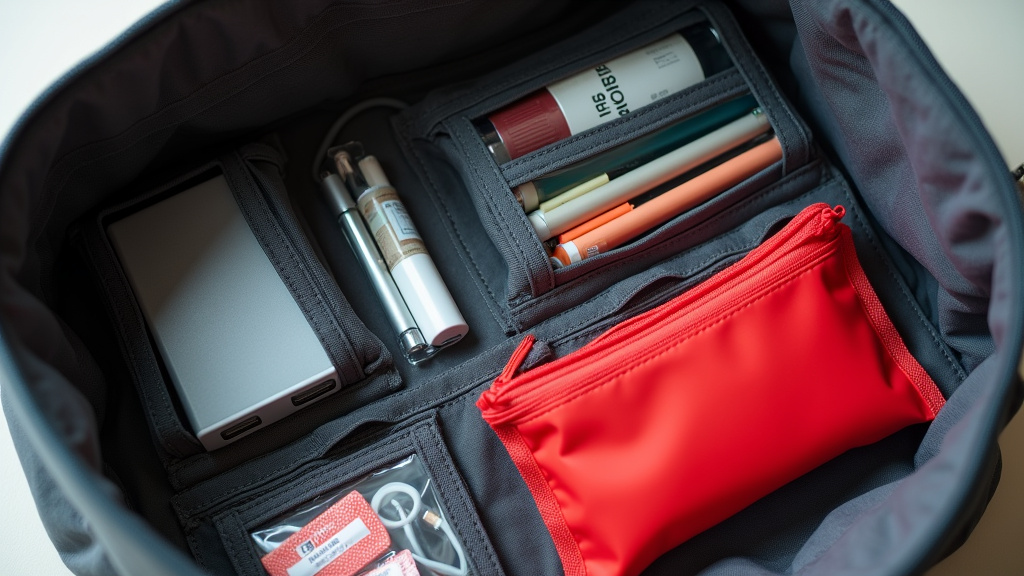organized tote bag interior with specific pouches for tech, toiletries, supplies, and first-aid.