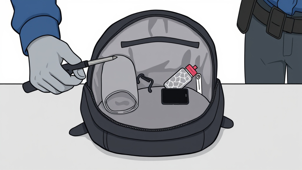 ** Security officer inspecting the inside of a backpack with a metal detector at a theme park security checkpoint.