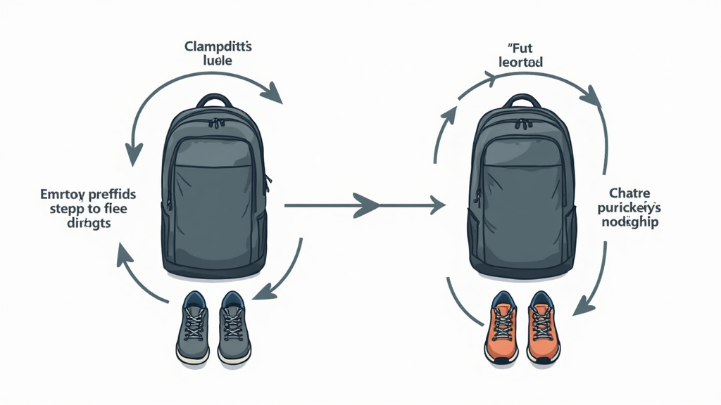 Diagram comparing clamshell vs top-loading 26L backpack packing efficiency