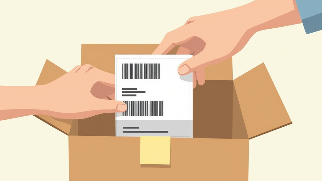 Cartoon of placing a duplicate shipping label inside a suitcase box for security.