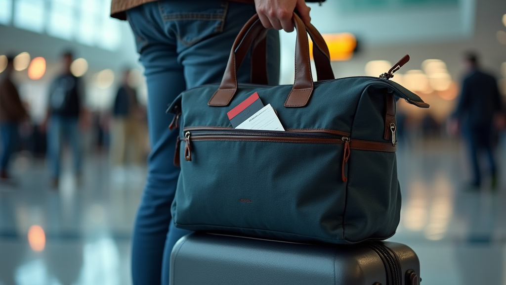 Travel tote bag with luggage sleeve and pockets on a suitcase in airport.