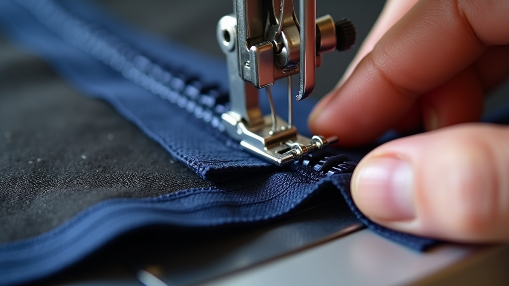 Sewing machine zipper foot installing a nylon zipper on a duffel bag panel