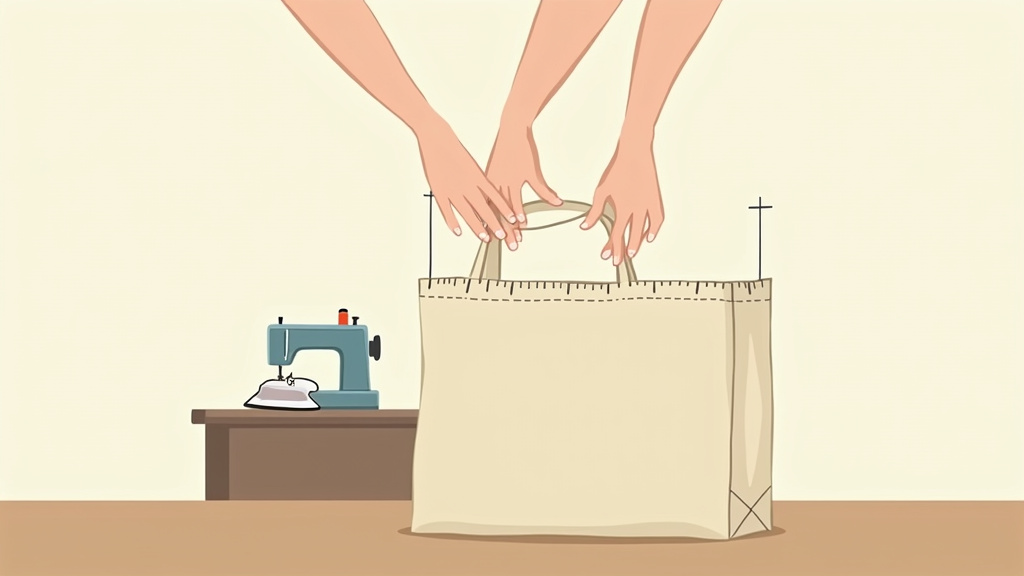 Troubleshooting a crooked tote bag with uneven sides in sewing tutorial.