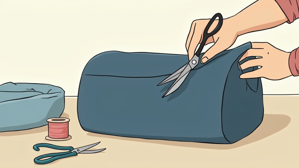 Trimming excess bulk from a duffel bag zipper seam with sharp scissors.