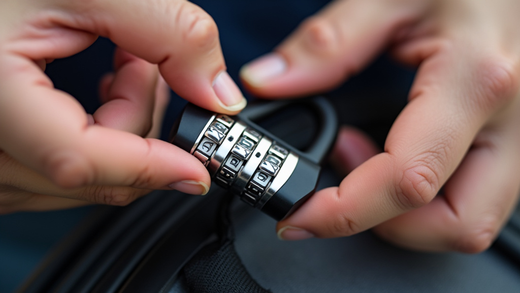 Close-up of hands resetting a luggage lock combination by pressing the button.