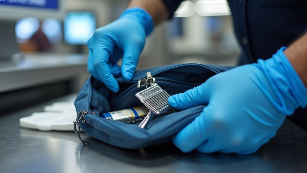 TSA officer inspecting safety razor and blades in open carry-on toiletry bag.