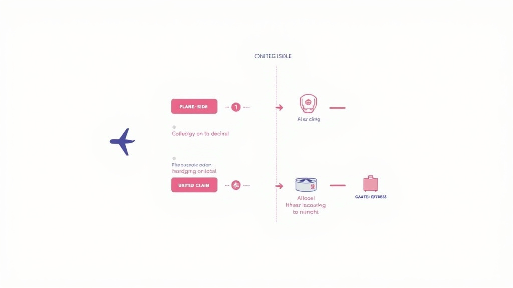 Diagram comparing United Express vs mainline gate-check bag retrieval process.