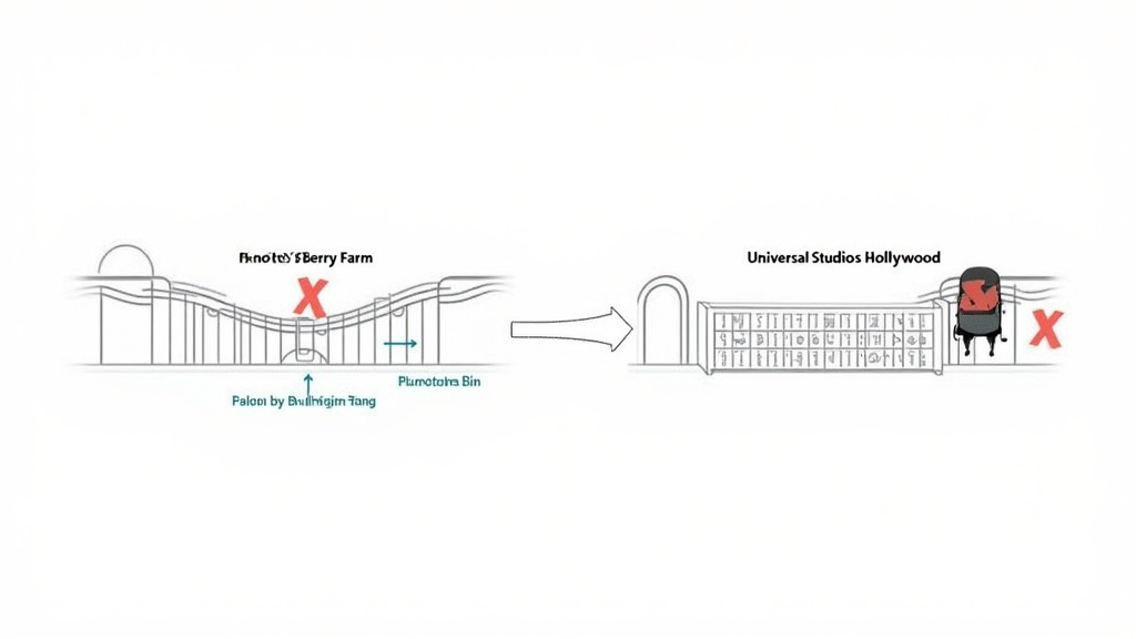 Theme park backpack policy comparison diagram: ride bins vs. mandatory lockers