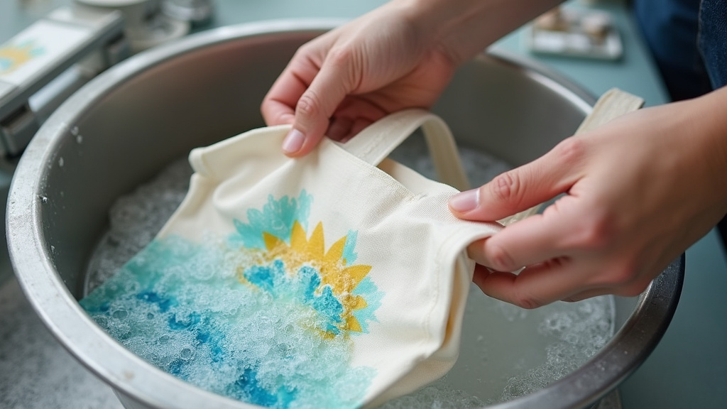 Hands washing a sealed acrylic painted tote bag inside out in a basin.