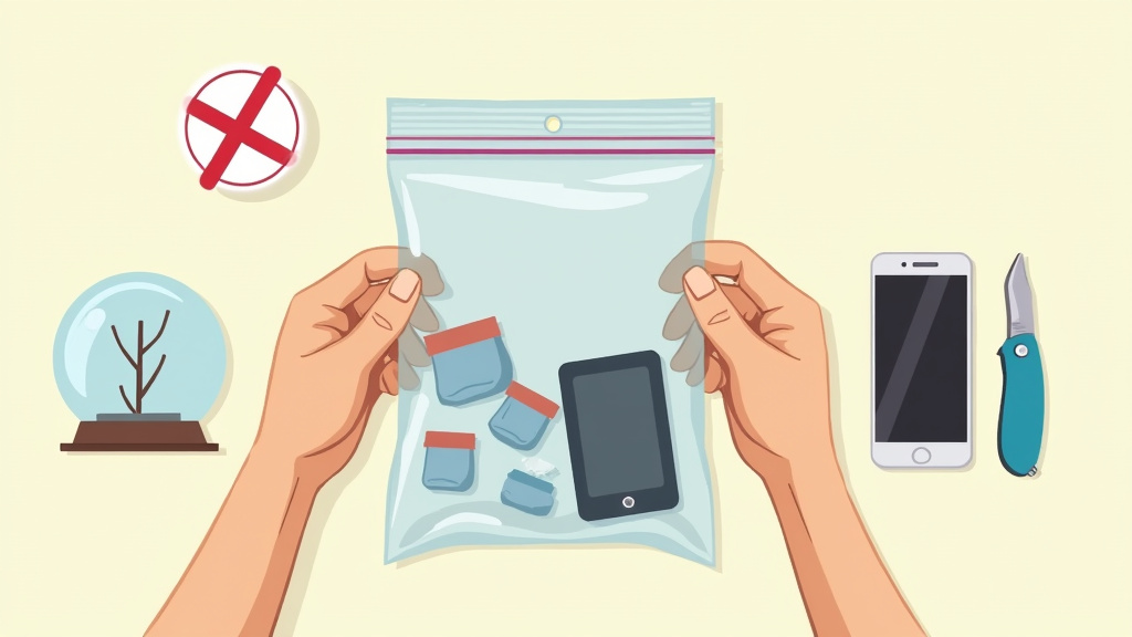 Cartoon of allowed and prohibited items for airline hand luggage, showing 3-1-1 rule.