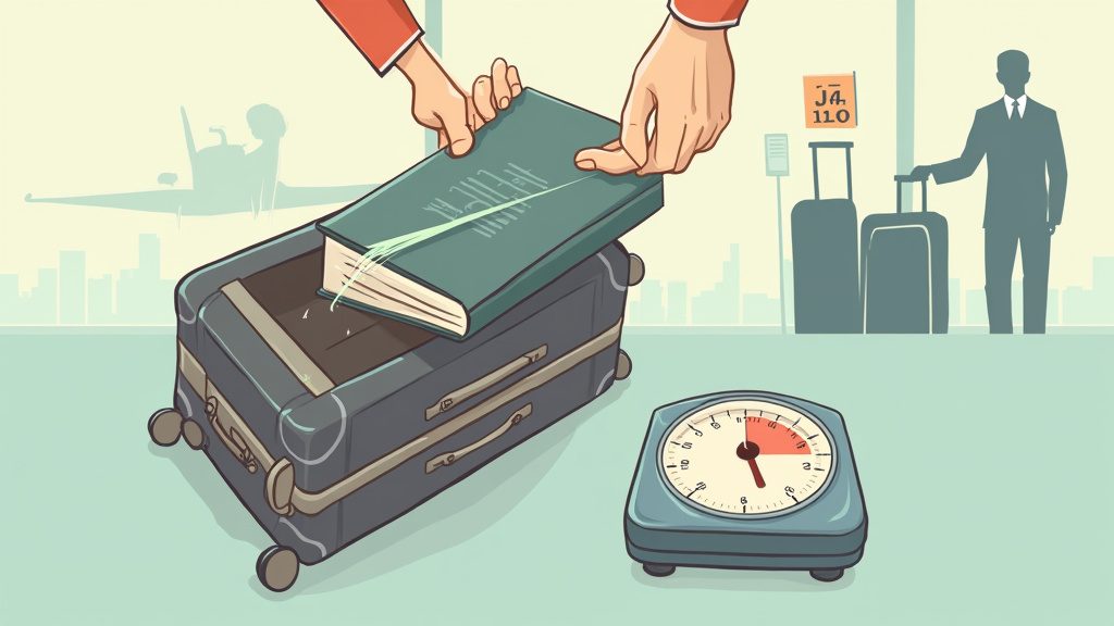 Overweight carry-on bag with scale, hands removing heavy book at airport gate
