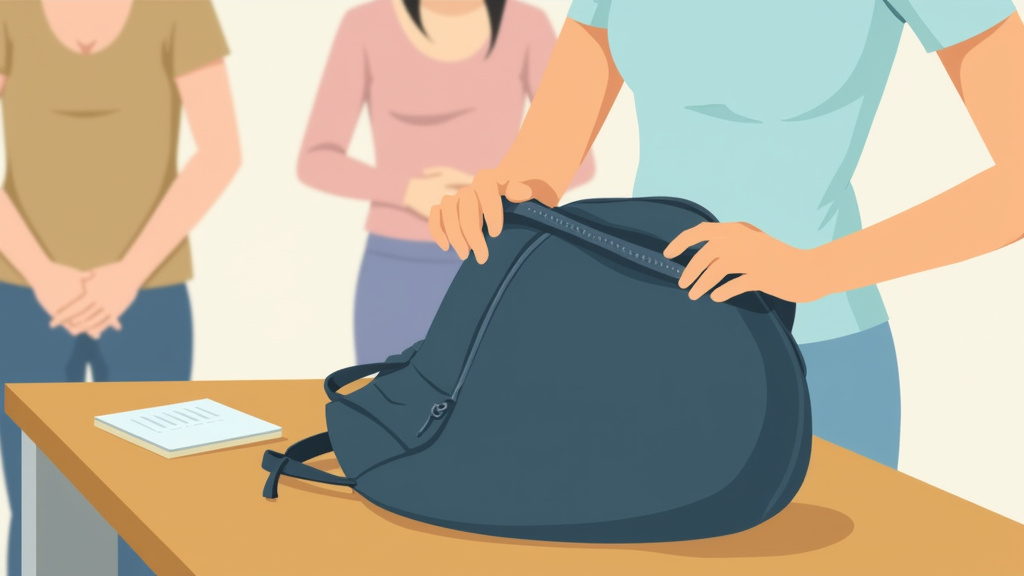 Student keeps hands still while teacher searches a backpack on a desk.