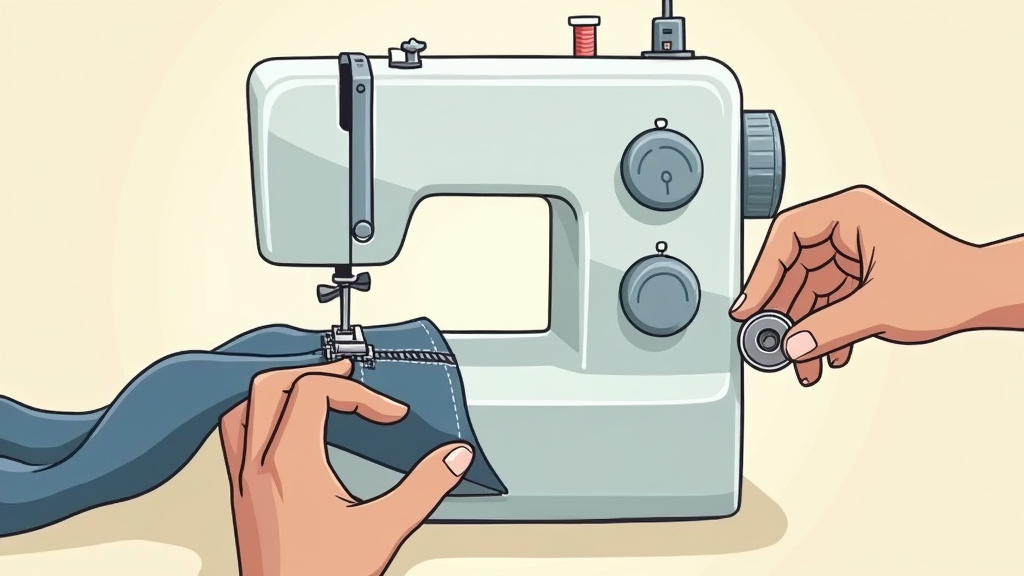 Close-up cartoon of fixing a sewing machine bobbin thread bird's nest on a tote bag.