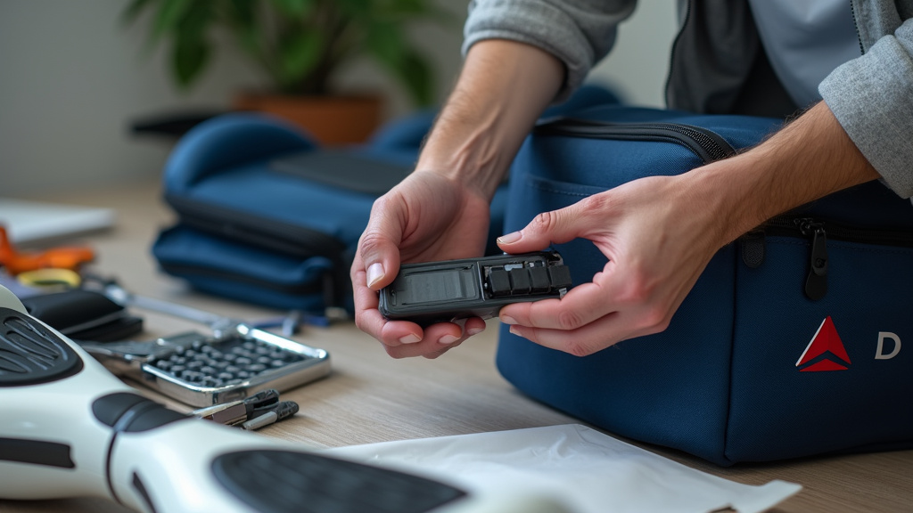 Delta carry-on luggage with prohibited items like batteries and footrests